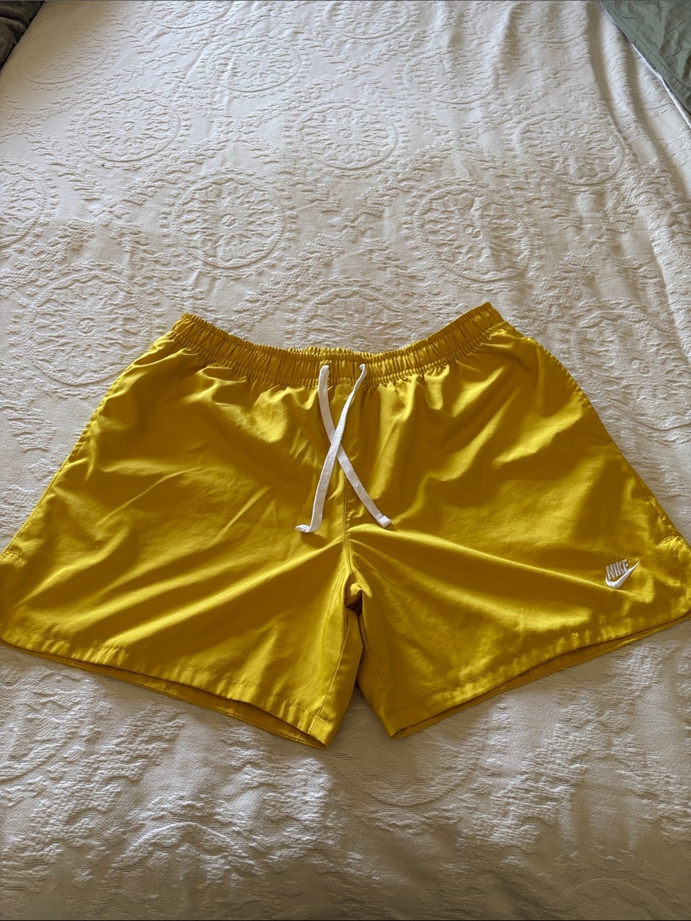 Nike Menās Bright Yellow EUC Athletic Shorts with White Swoosh XXL